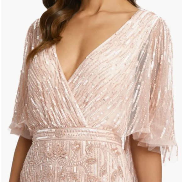 MAC DUGGAL 9064 CAPE SHORT SLEEVE FAUX WRAP BODICE BLUSH TRUMPET GOWN sz 14 - Picture 4 of 8